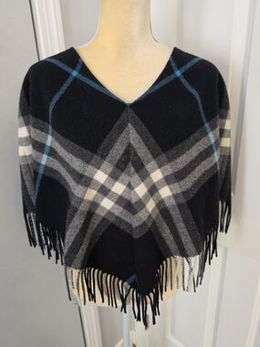 Burberry London Merino Wool Cashmere Nova Plaid Fringe Poncho Cape OS *FLAW READ